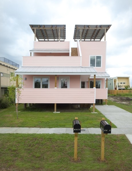 Exterior of Make It Rights first home, a 1,780-square-foot duplex with LEED Platinum certification (New Orleans, Louisiana, 2012). Architects: Frank Gehry and Gehry Partners. Photo: Chad Chenier