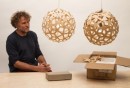 David Trubridge with his Coral lighting piece, and a replica on the right hand side.